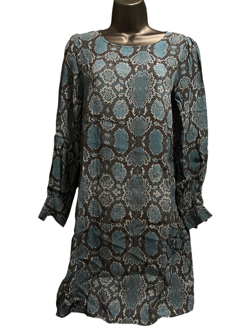 Ichi Blue & Teal Animal Print Long Sleeve Mini Dress - Size 34